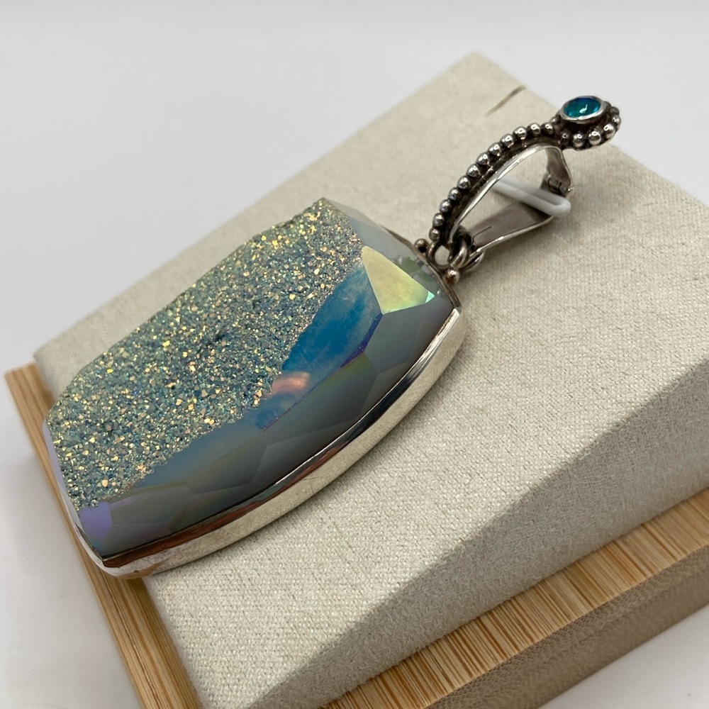 Sterling Silver 925 Large Druzy Quartz Blue Mystic Quartz Pendant - Picture 2 of 14